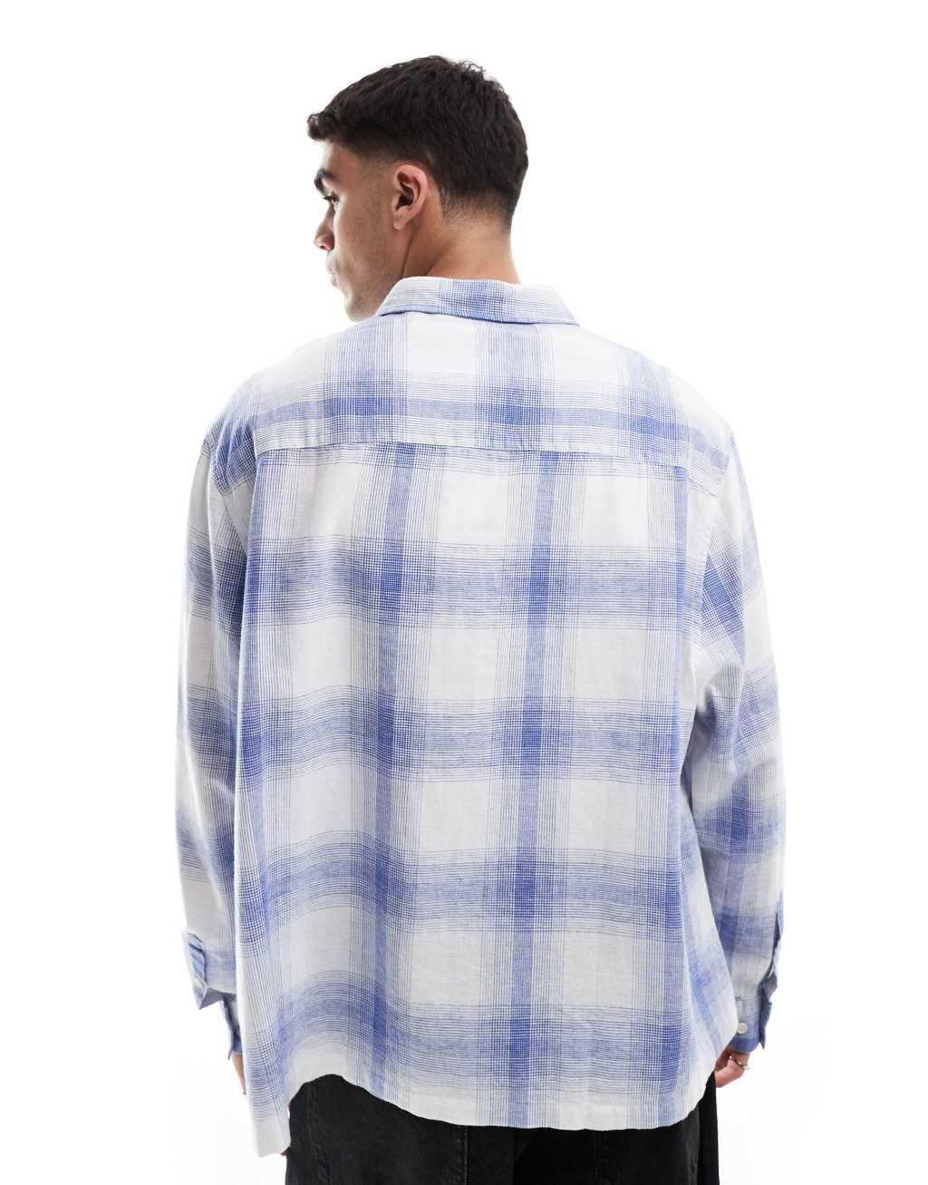ASOS DESIGN boxy linen blend regular shirt with patch pocket in blue and white Product Image