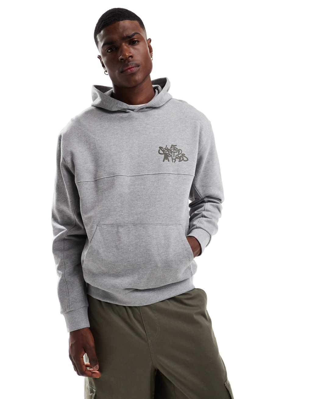 ASOS DESIGN oversized hoodie with graffiti chest and back print in gray heather Product Image