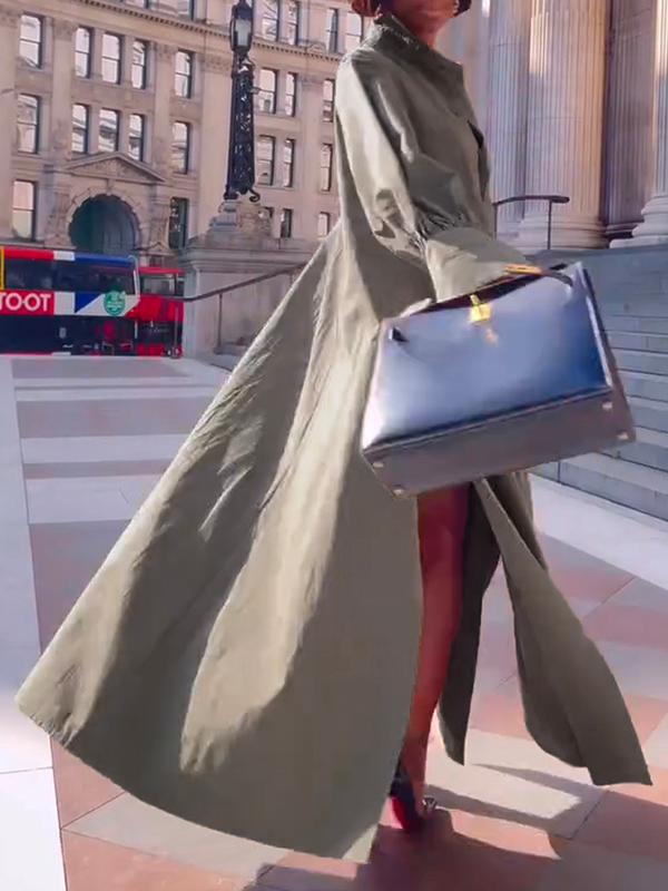 Long Sleeves Loose Solid Color Split-Joint Split-Side Lapel Maxi Dresses Shirt Dress Product Image
