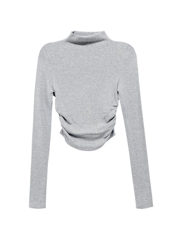 Solid Mock Neck Shirred Slim Long Sleeve Knit Product Image