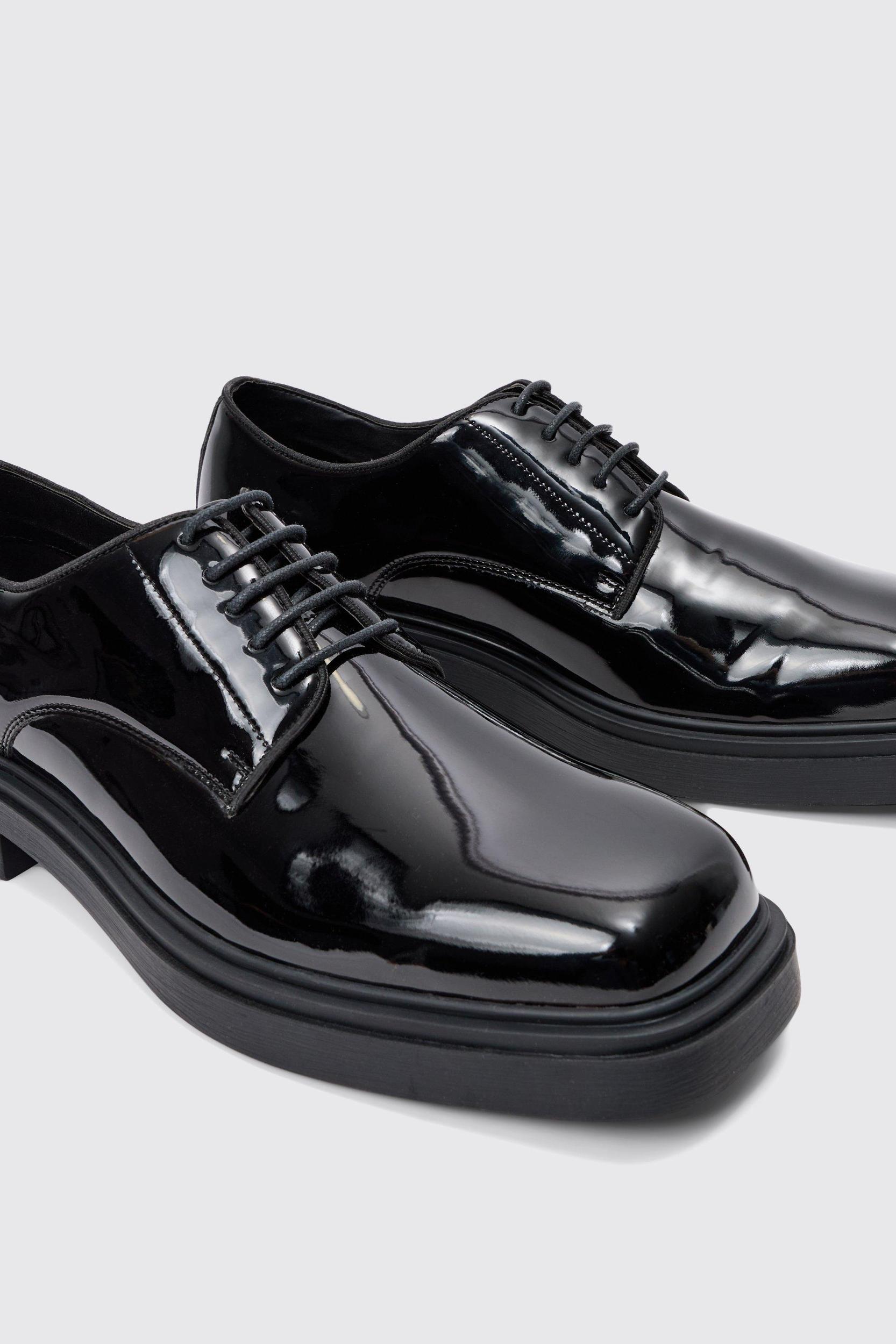 Faux Leather Derby Shoes In Black | boohooMAN USA Product Image