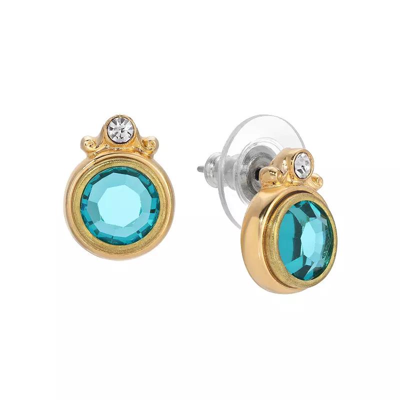 1928 14k Gold Dipped Round Faceted Crystal Post Earrings, Womens, Blue Product Image