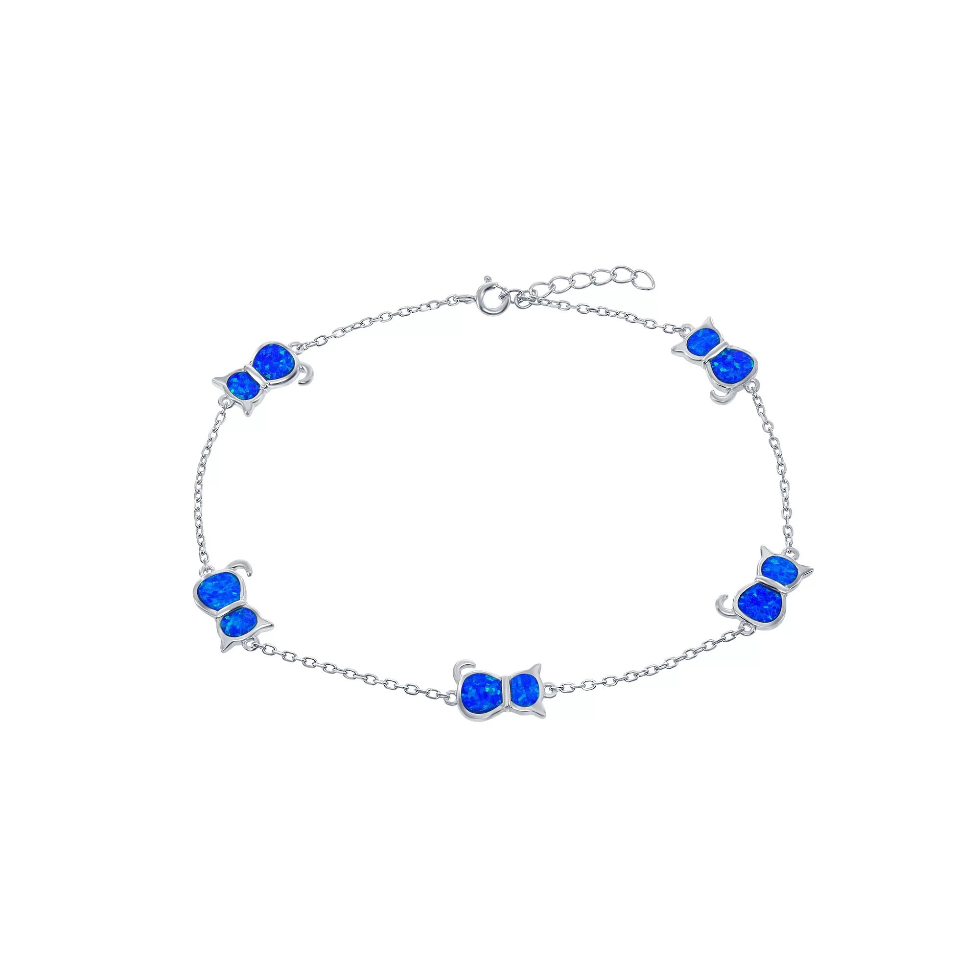 Sterling Silver & Lab-Created Opal Cat Pendants Anklet, Women's, Size: 9", Blue Product Image