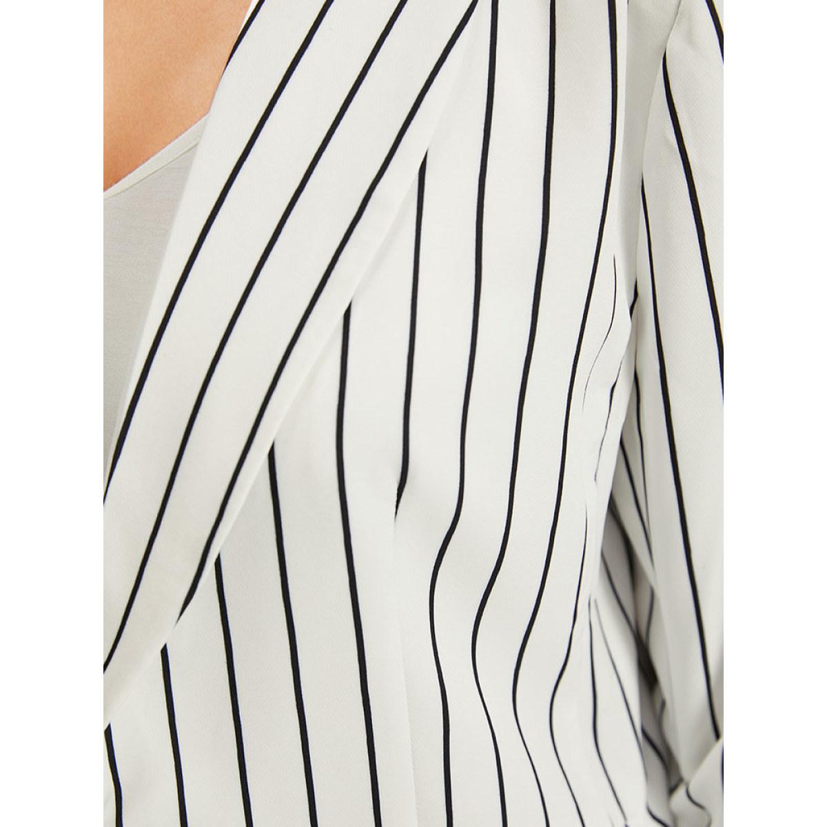 Plus Size Striped Pocket Gathered Lapel Collar Blazer White Women Work Striped Gathered Sleeve Long Sleeve Lapel Collar 18-20/2X Pocket Office Blazers BloomChic Product Image