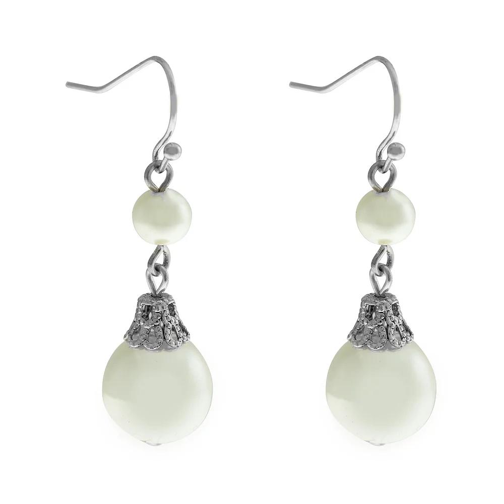 1928 Gold Tone Double Simulated Pearl Drop Earrings, Women's, White Product Image
