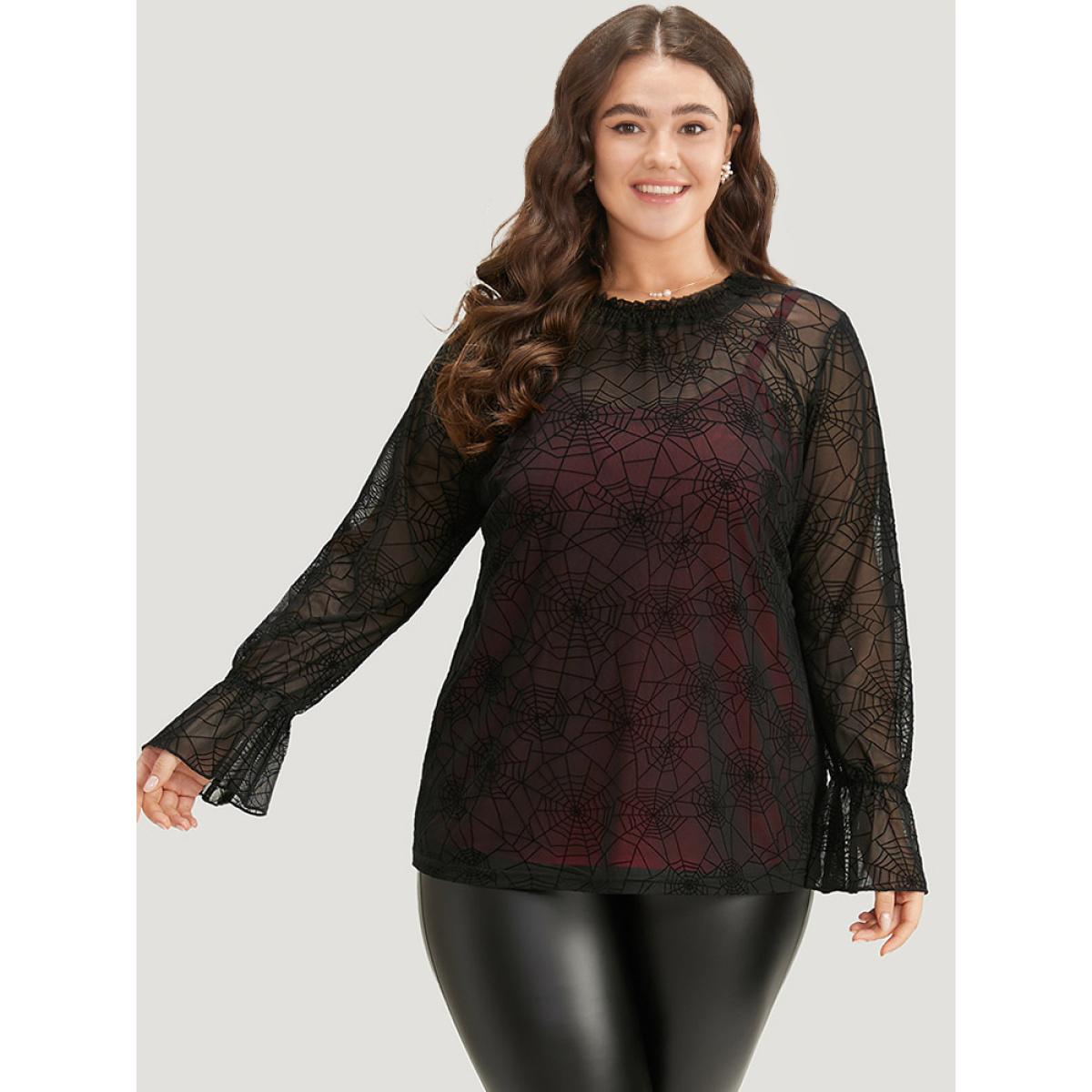 Plus Size Black Halloween Spider Web Mesh Bell Sleeve Blouse Women Elegant Long Sleeve Halter neck Festival-Halloween Blouses BloomChic 12/L Product Image