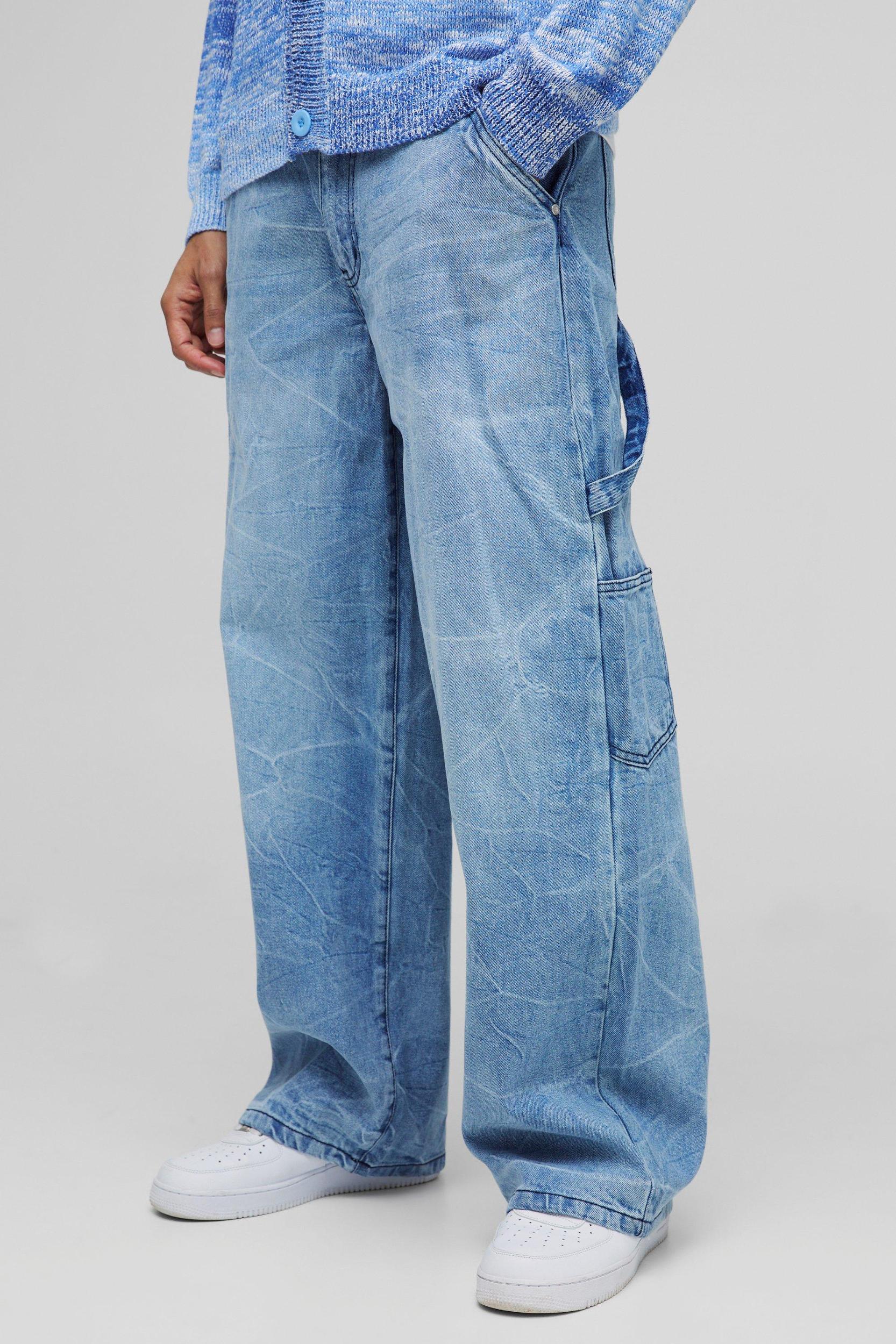 Baggy Rigid Carpenter Crinkle Denim Jeans In Antique Blue | boohooMAN USA Product Image