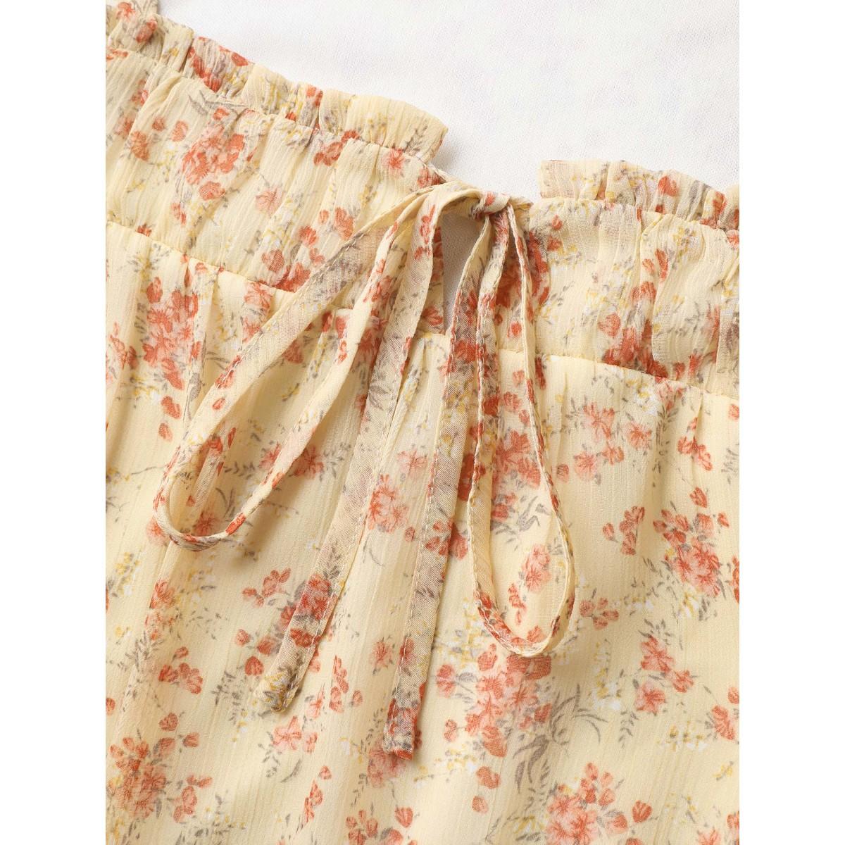 Plus Size Lightyellow Chiffon Floral Print Neck Tie Blouse Women Short sleeve Square Neck Everyday-Elegant Blouses BloomChic 30/6X Product Image