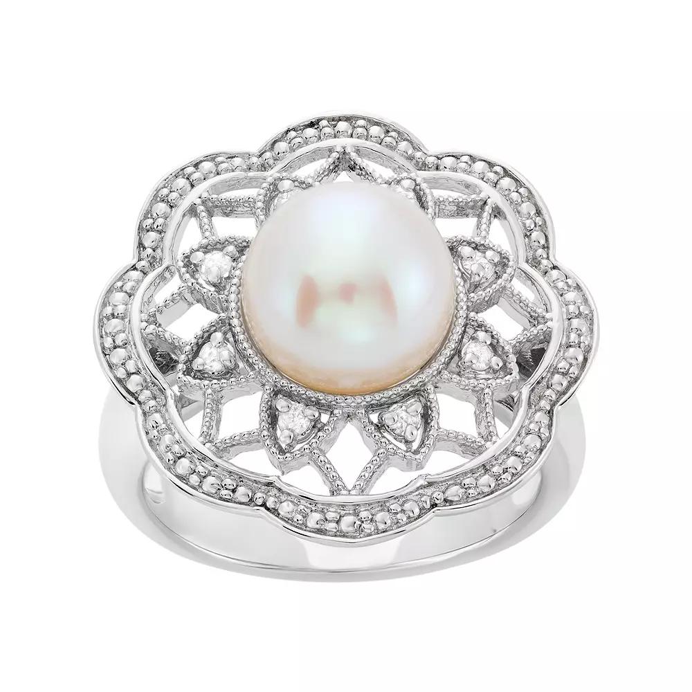 Freshwater Cultured Pearl and 1/10 Carat T.W. Diamond Sterling Silver Flower Ring, Women's, Size: 8, White Product Image