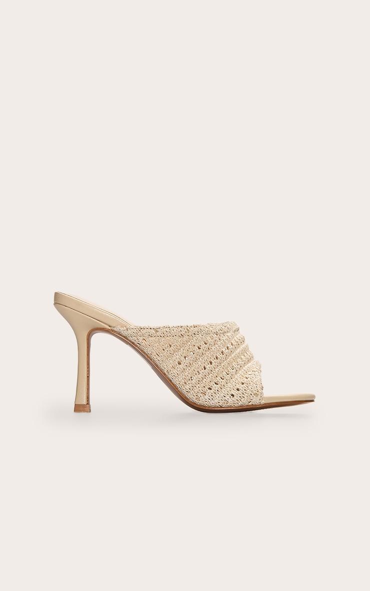 Cream Pu Round Toe Crochet Strap Mid Heeled Mules Product Image