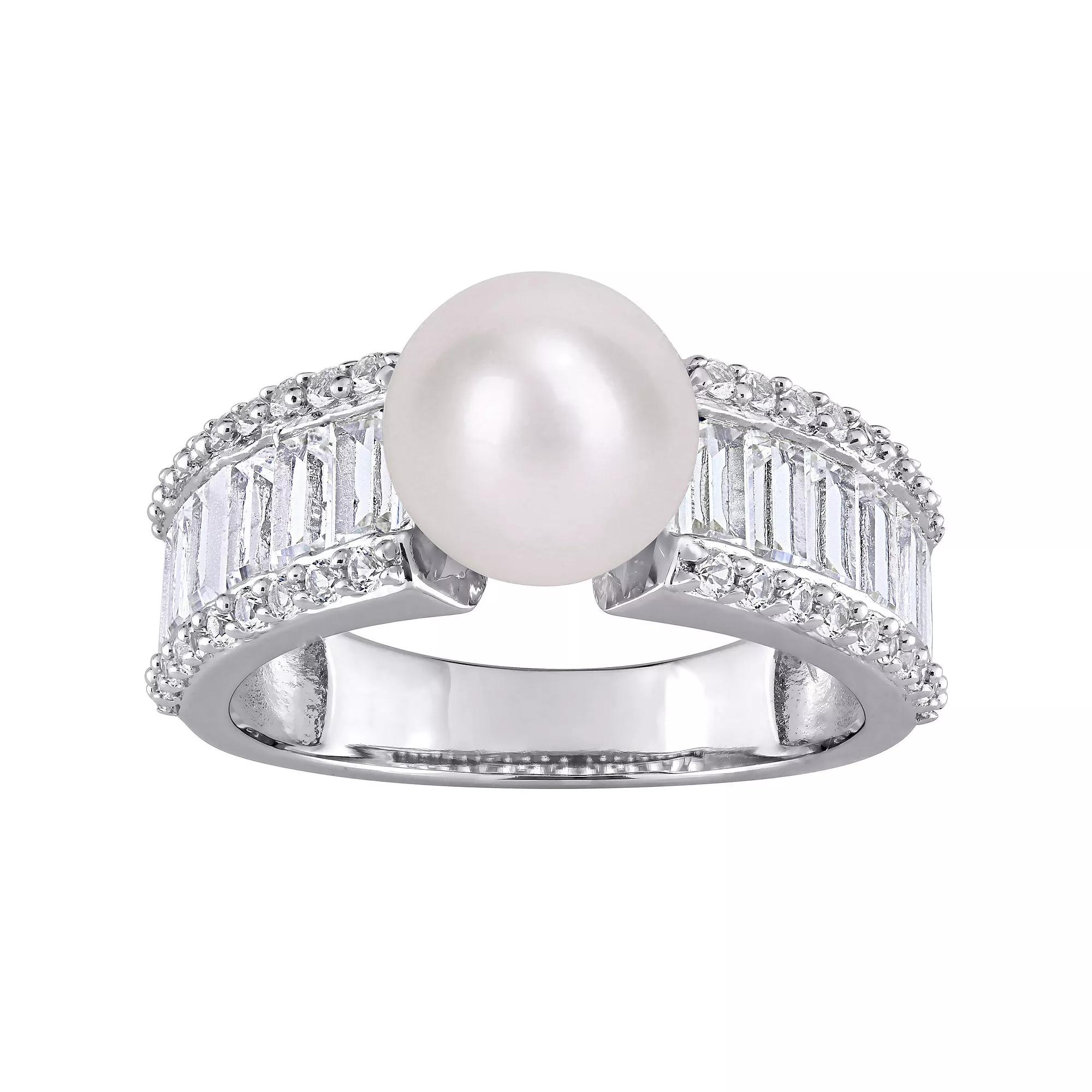 Stella Grace Sterling Silver Freshwater Cultured Pearl & Lab-Created White Sapphire Engagement Ring, Womens Product Image