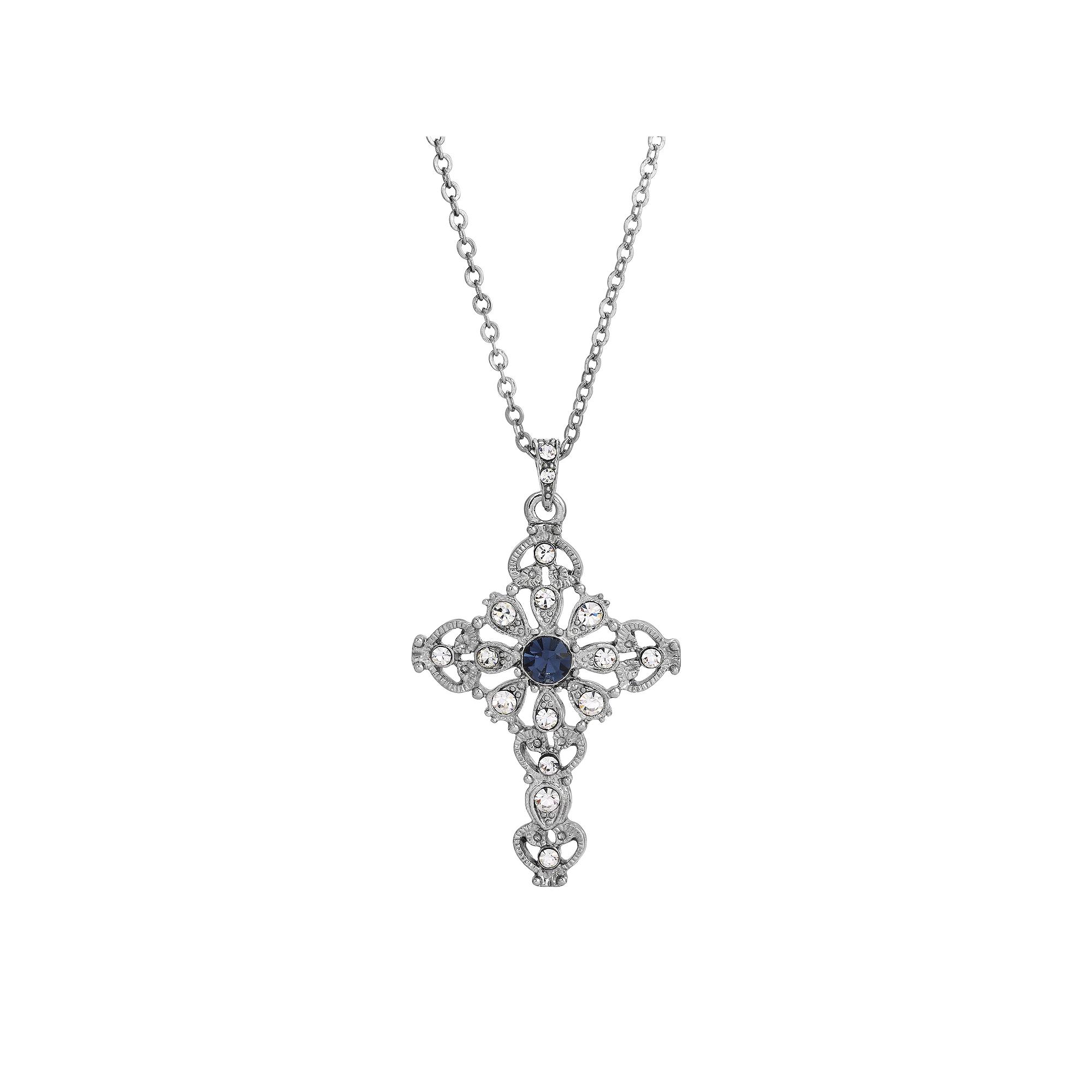 Symbols of Faith Simulated Crystal Cross Pendant Necklace, Womens, Silver Tone Blue Product Image