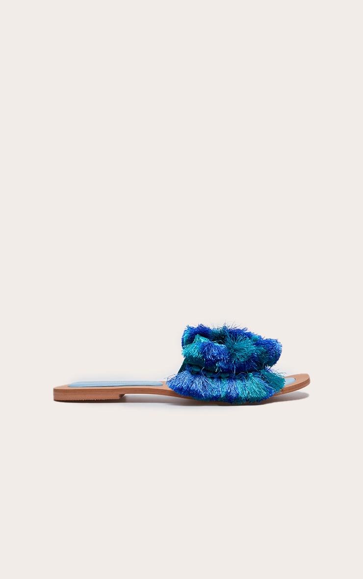Blue Round Toe Tassel Swirl Strap Flat Mule Sandals Product Image