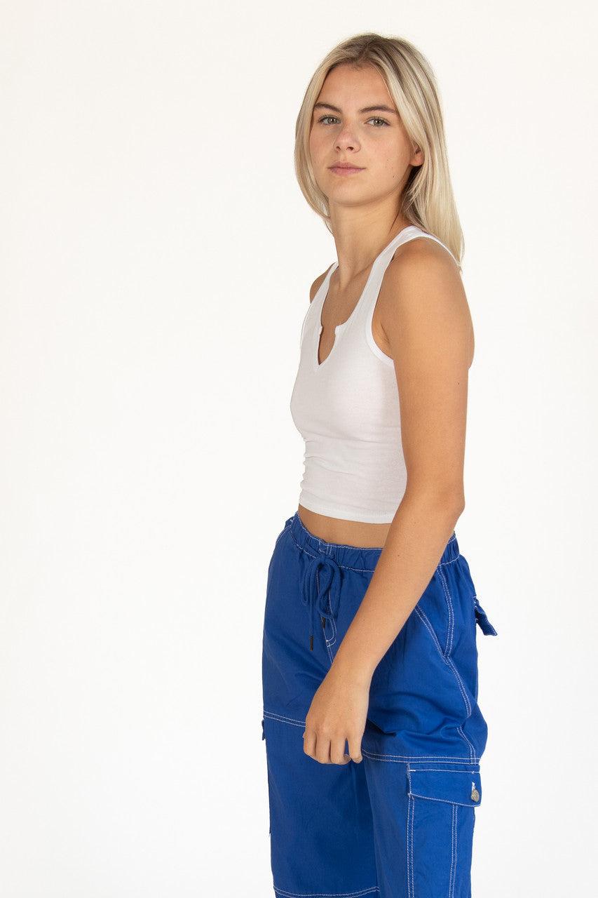 White Sleeveless Notch Neck Shirt Product Image