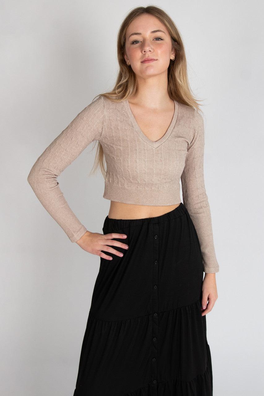 Cable Knit V Neck Crop Top Product Image