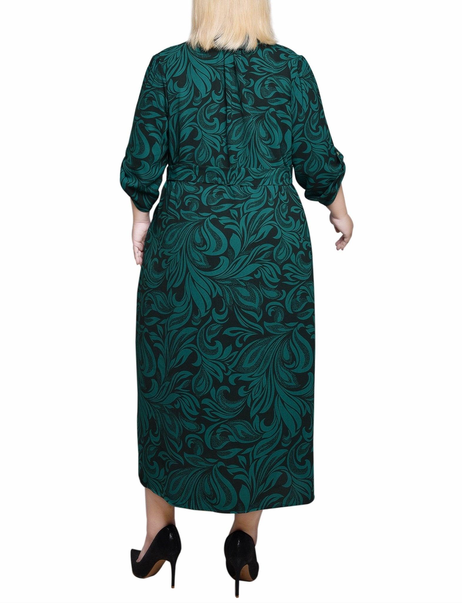 Emerald Multi 3/4 Roll Tab Belted Dress - Plus Product Image