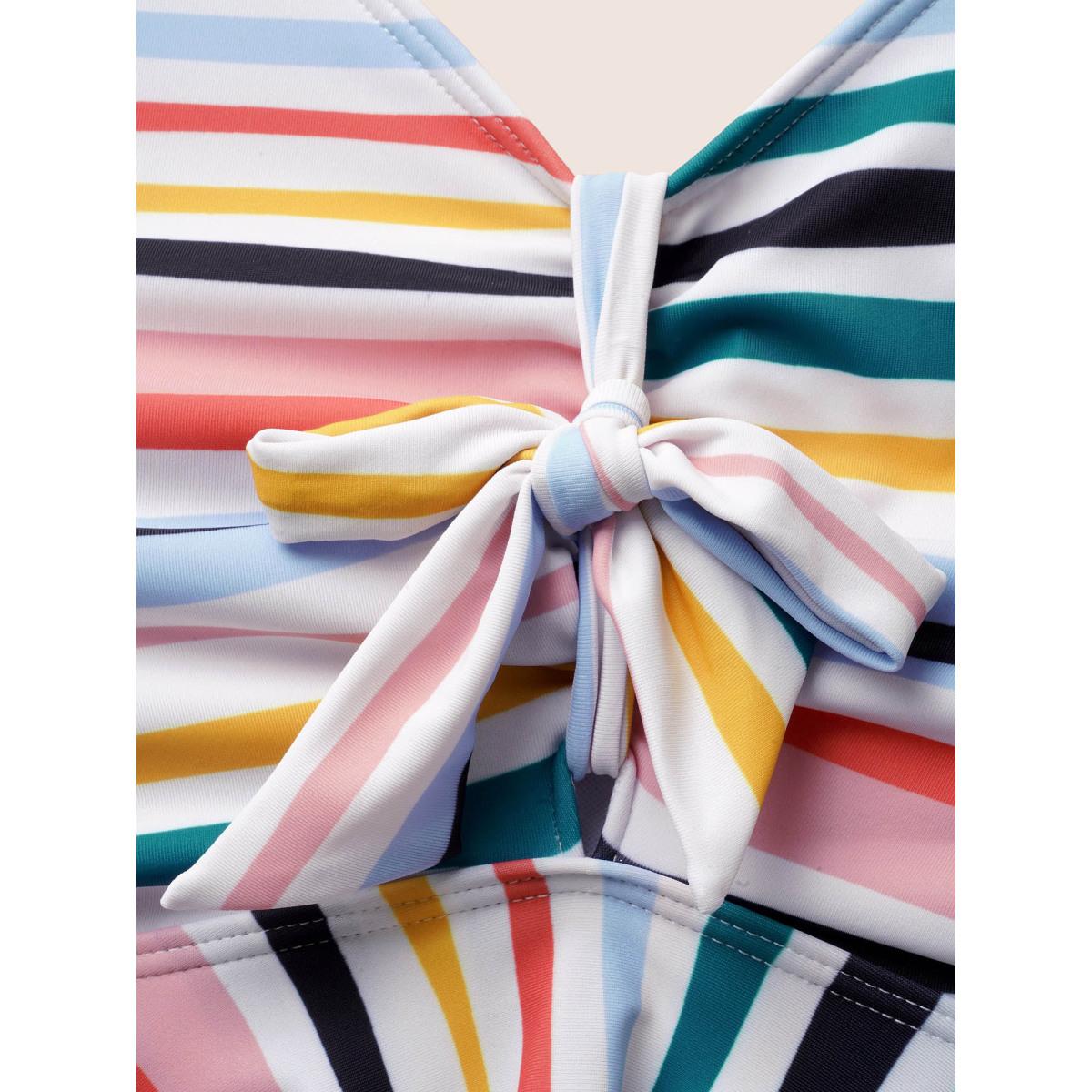 Plus Size Striped Tie Knot Tiered Hem Swim Top Women's Swimwear Multicolor Beach Gathered High stretch Bodycon V-neck Curve Swim Tops BloomChic 10/M Product Image