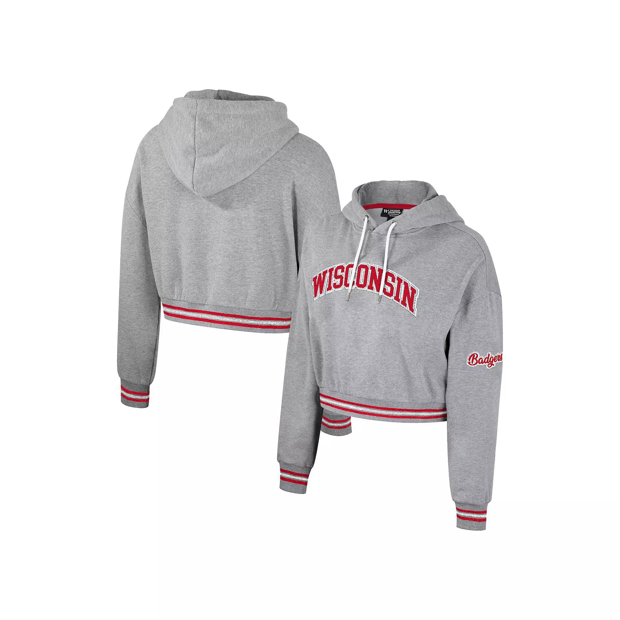 Women's The Wild Collective Heather Gray Wisconsin Badgers Cropped Shimmer Pullover Hoodie,  Product Image