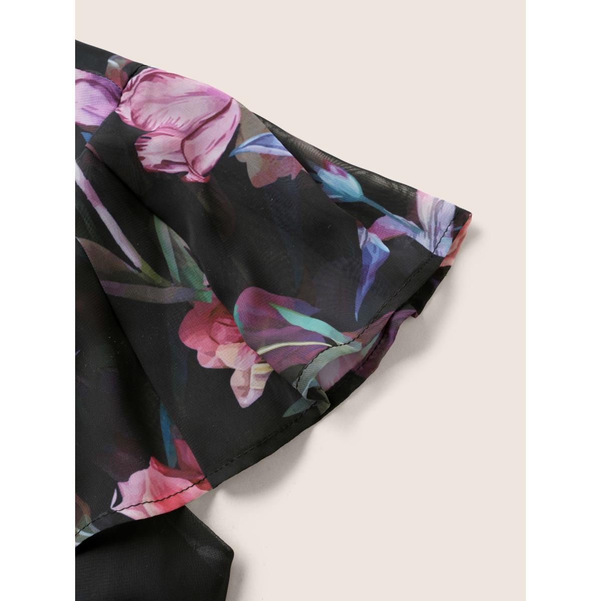 Plus Size Black Floral Mesh Ruffle Sleeve Elastic Waist Blouse Women Elegant Short sleeve V-neck Everyday Blouses BloomChic 22-24/3X Product Image