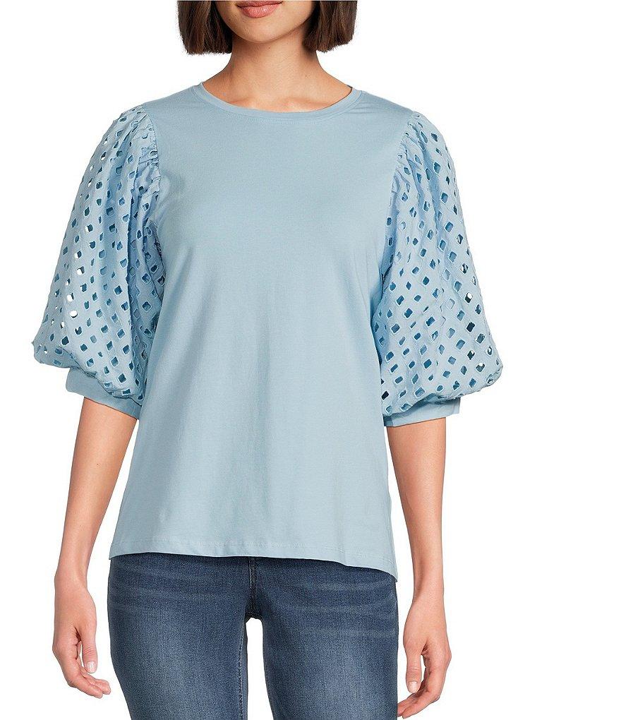 Gibson & Latimer Knit Contrast Eyelet Crew Neck Short 3/4 Balloon Sleeve Top Product Image