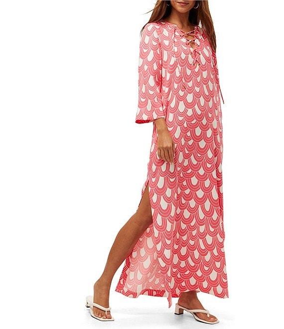 Trina Turk Catamaran Drape Print Lace-Up V-Neck 3/4 Sleeve Maxi Dress Product Image