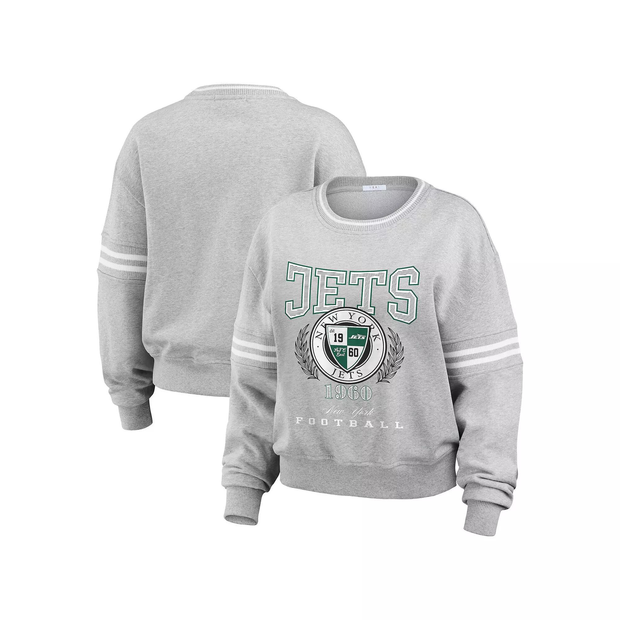 Women's WEAR by Erin Andrews Heather Gray New York Jets Crest Cropped Pullover Sweatshirt, Size: XL, Grey Product Image