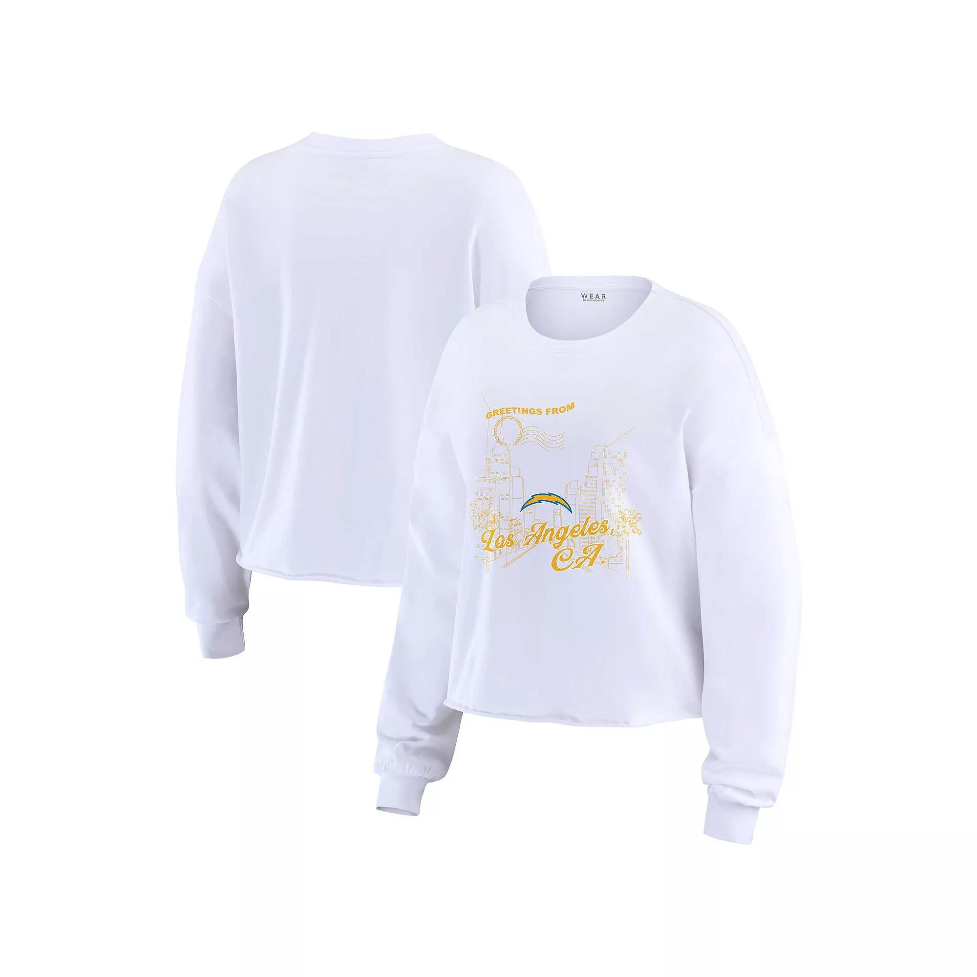 Women's WEAR by Erin Andrews White Los Angeles Chargers Postcard Cropped Long Sleeve Top, Size: Small Product Image