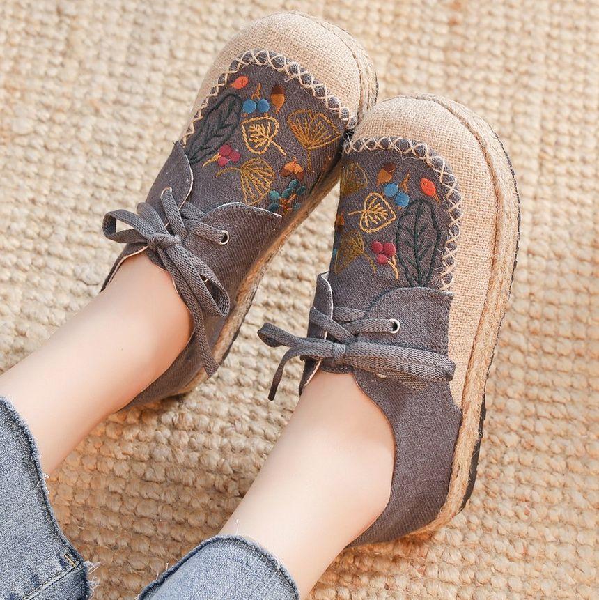 Leaf Embroidered Lace-Up Slip-Ons Product Image