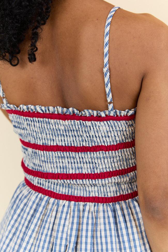 Simple Joy Smocked Seersucker Blue Plaid Romper FINAL SALE Product Image