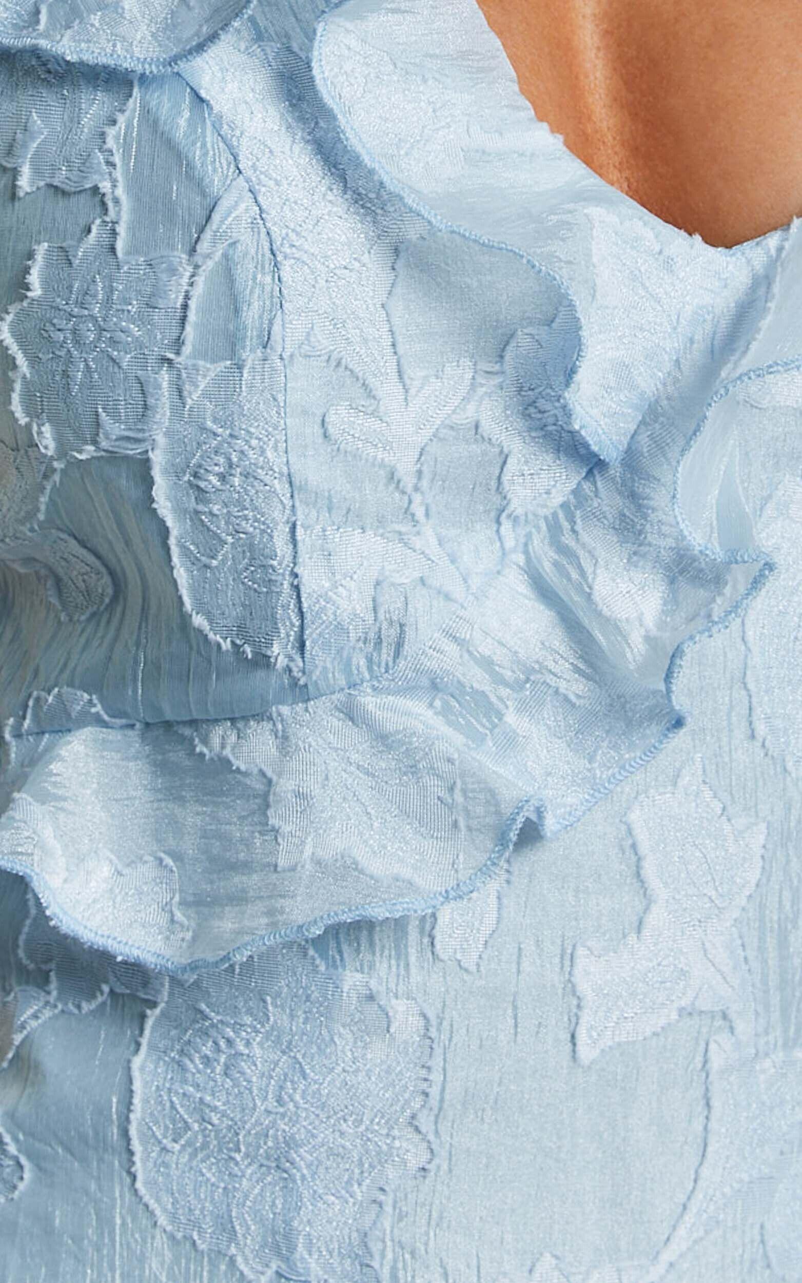 Michaela Midi Dress - Jacquard Ruffle Detail Tiered Dress in Light Blue Product Image