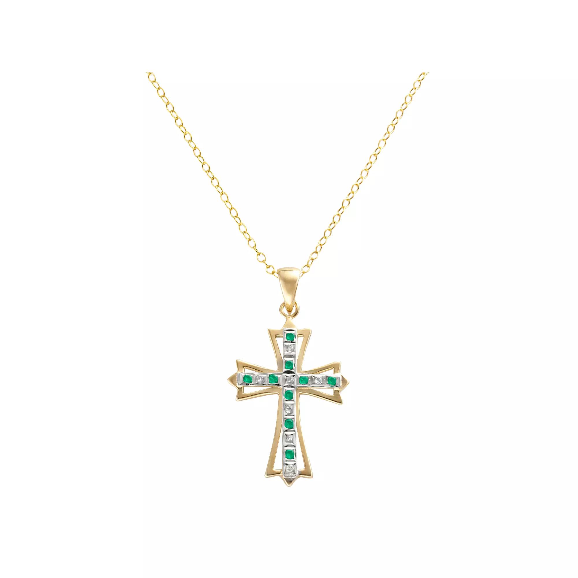 18k Gold-Over-Silver Emerald and Diamond Accent Cross Pendant, Women's, Yellow Product Image