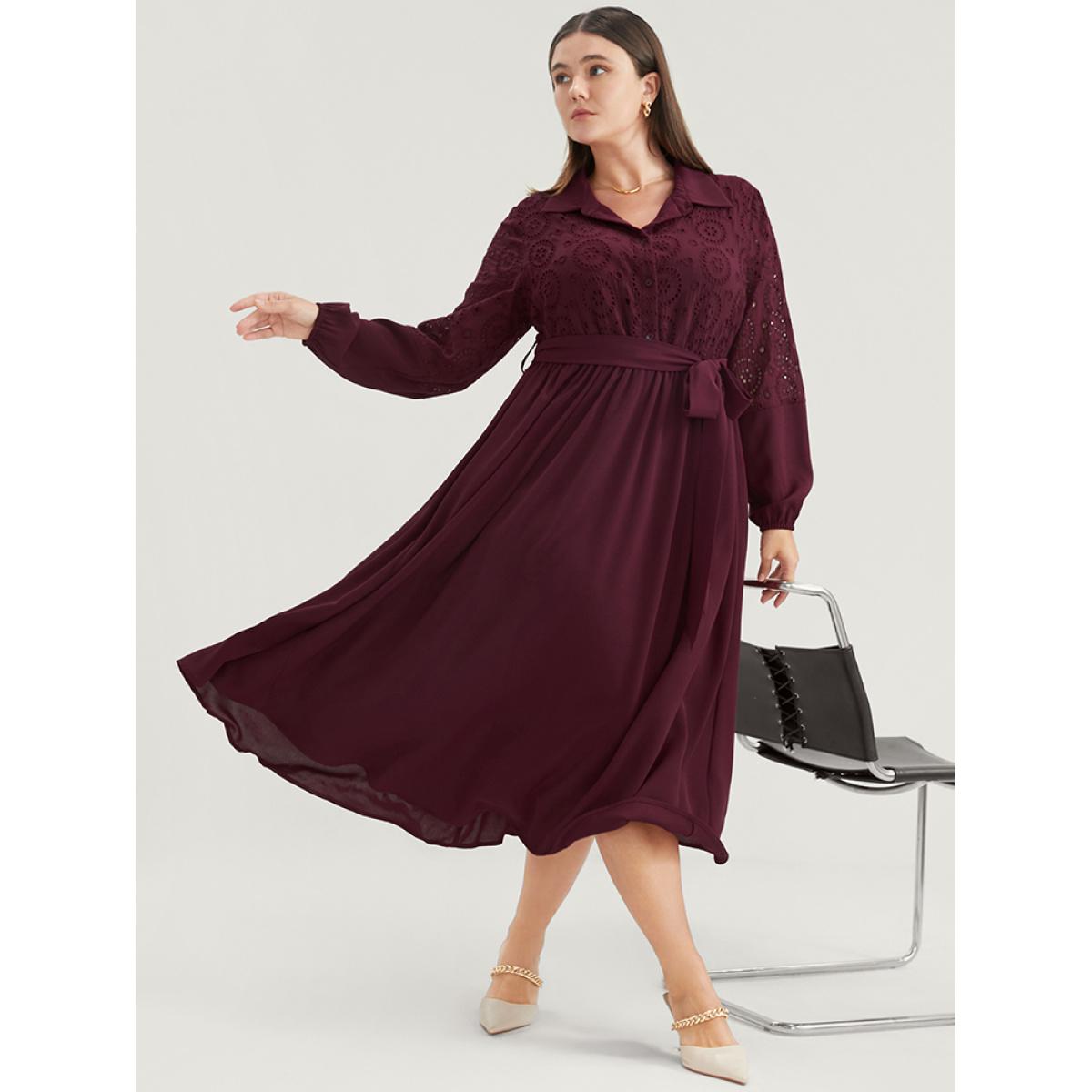 Plus Size Solid Pocket Button Detail Eyelet Lace Belted Dress Burgundy Women Casual Patchwork Shirt collar Long Sleeve Curvy Midi Dress BloomChic 10/M Product Image