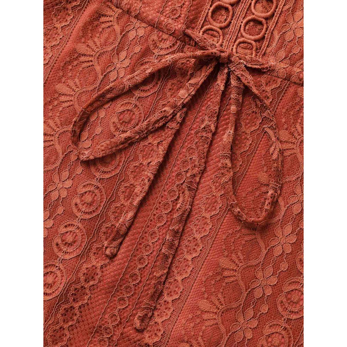 Plus Size Russet V Neck Lace Panel Drawstring Blouse Women Romantic Short sleeve V-neck Elegant Blouses BloomChic 22-24/3X Product Image