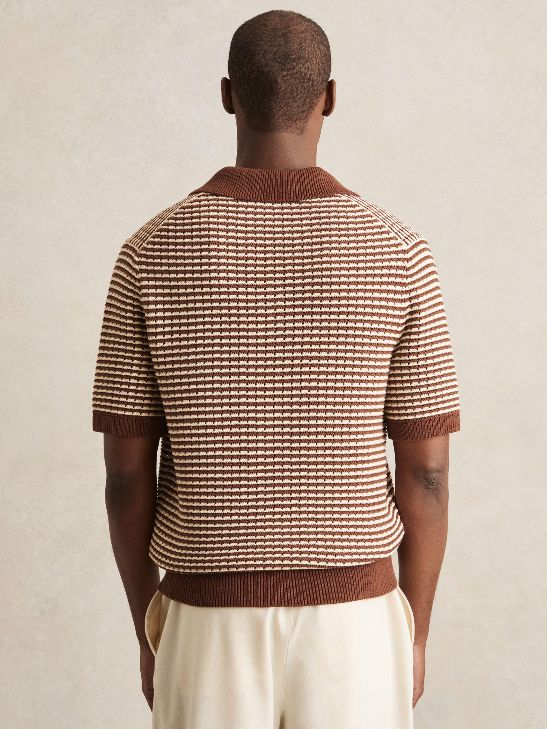 Cotton Textured Knit Stripe Polo Shirt in Tobacco Brown/ Off White Product Image