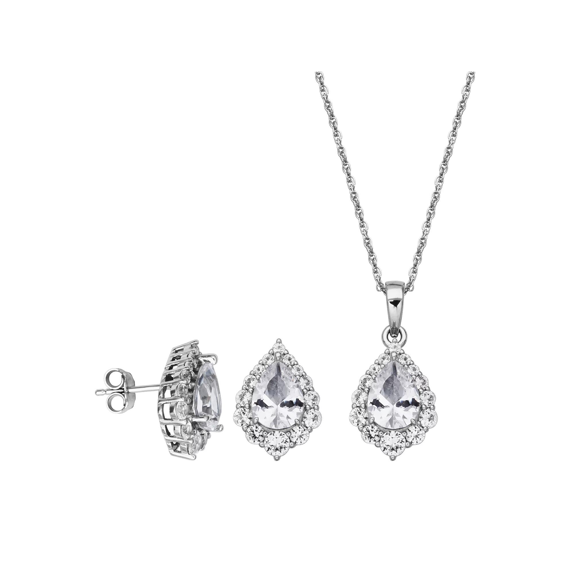Sterling Silver Lab-Created White Sapphire Marquise Halo Pendant Necklace & Stud Earring Set, Women's, Size: 18" Product Image