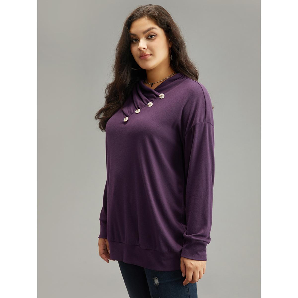 Plus Size Plain Cowl Neck Button Detail Sweatshirt Women Eggplant Casual Plain Overlap Collar Dailywear Sweatshirts BloomChic 12/L Product Image