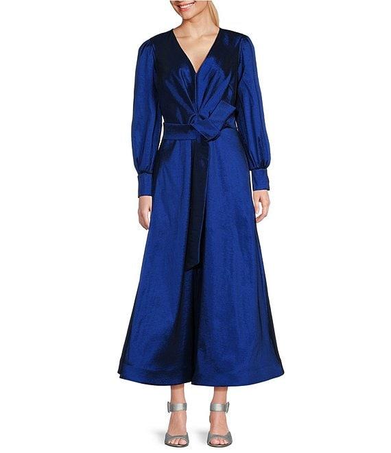 Marina Stretch Taffeta V-Neck Long Sleeve Tie Sash Fit-and-Flare Gown Product Image