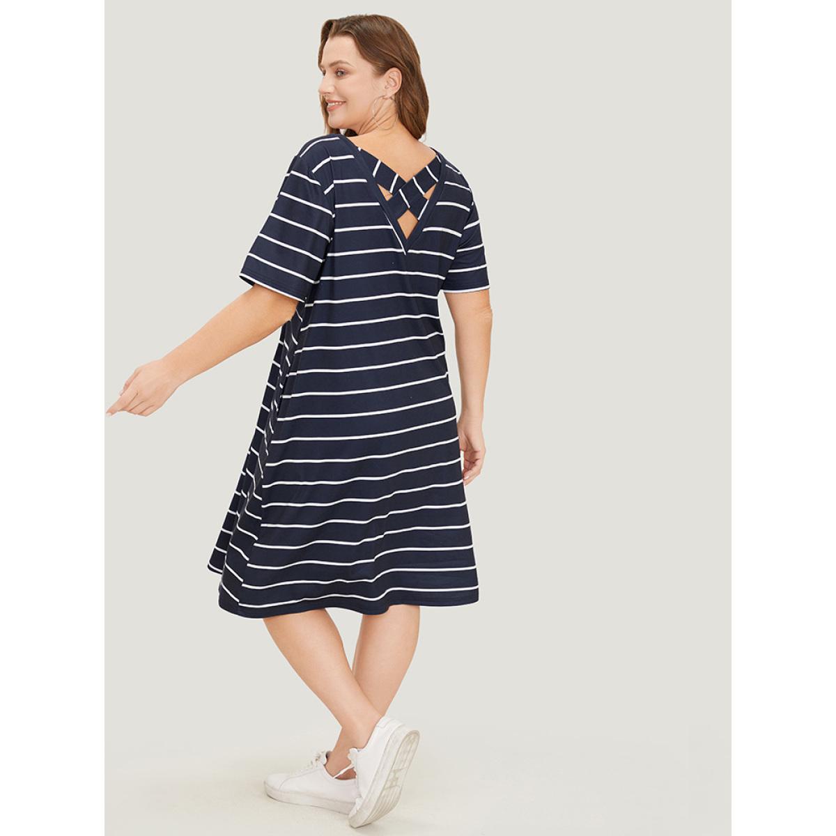 Plus Size Striped Print Pocket Flutter Crossover Back Dress DarkBlue Women Casual Cross straps V-neck Short sleeve Curvy Midi Dress BloomChic 10/M Product Image
