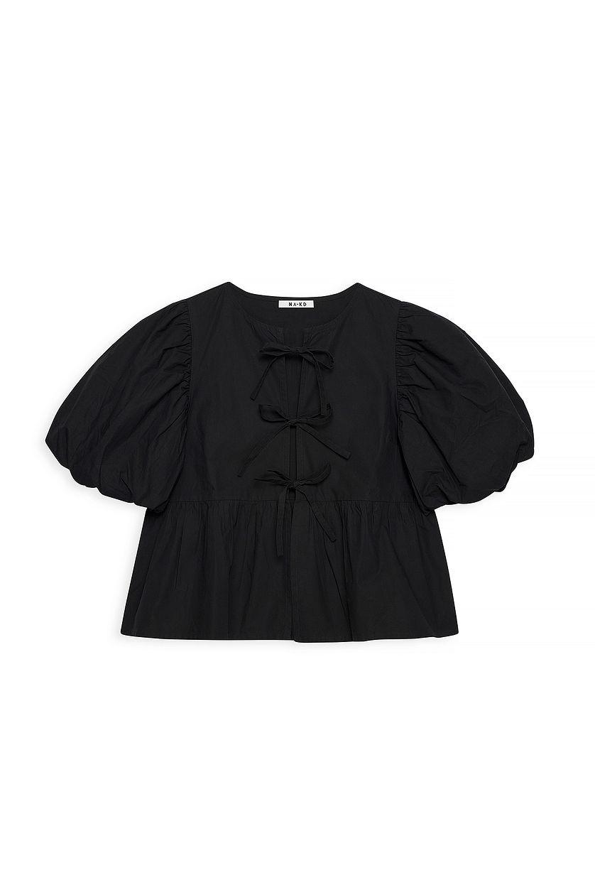 Cotton Puff Sleeve Tie Front Blouse Product Image