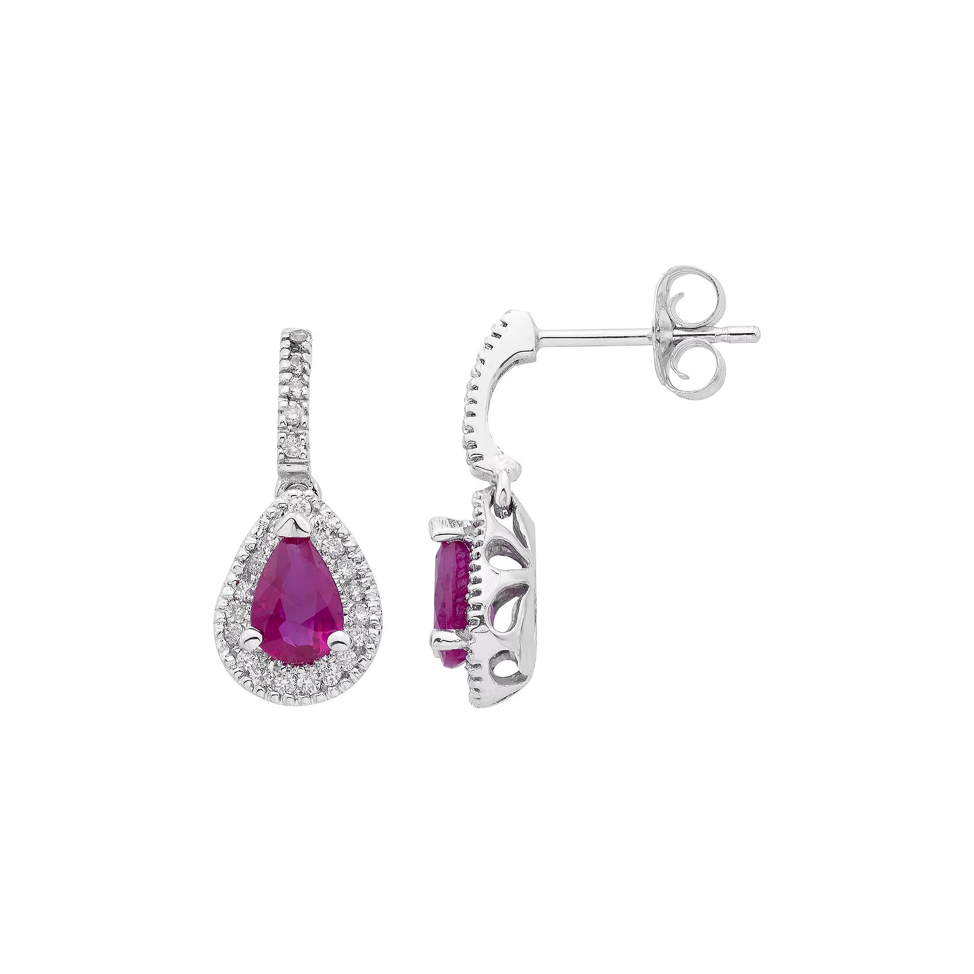 14k Gold Ruby & 1/5 Carat T.W. Certified Diamond Teardrop Earrings, Women's, White Product Image
