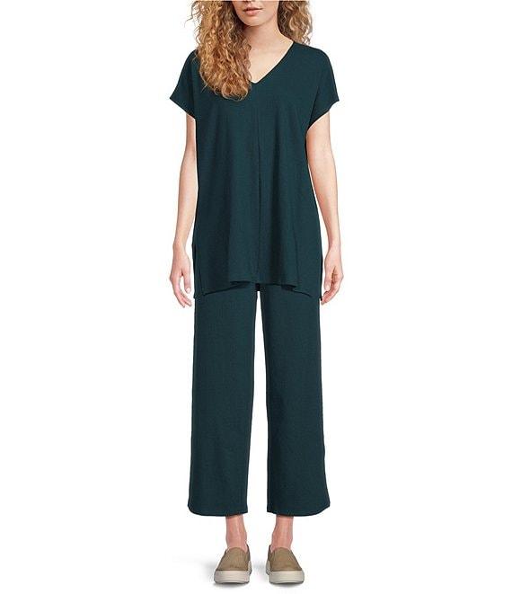 Eileen Fisher Organic Cotton Blend Crinkle Knit Jersey Wide Leg Pull-On Pants Product Image