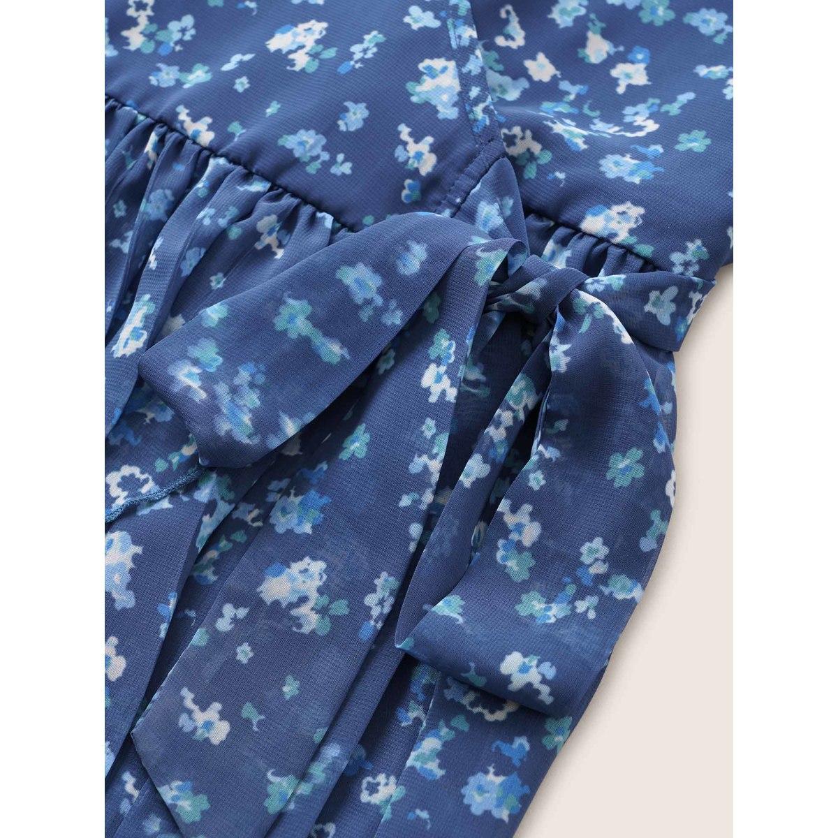 Plus Size Indigo Ditsy Floral Mesh Overlap Collar Ties Blouse Women Elegant Short sleeve Overlap Collar Everyday Blouses BloomChic 14-16/1X Product Image