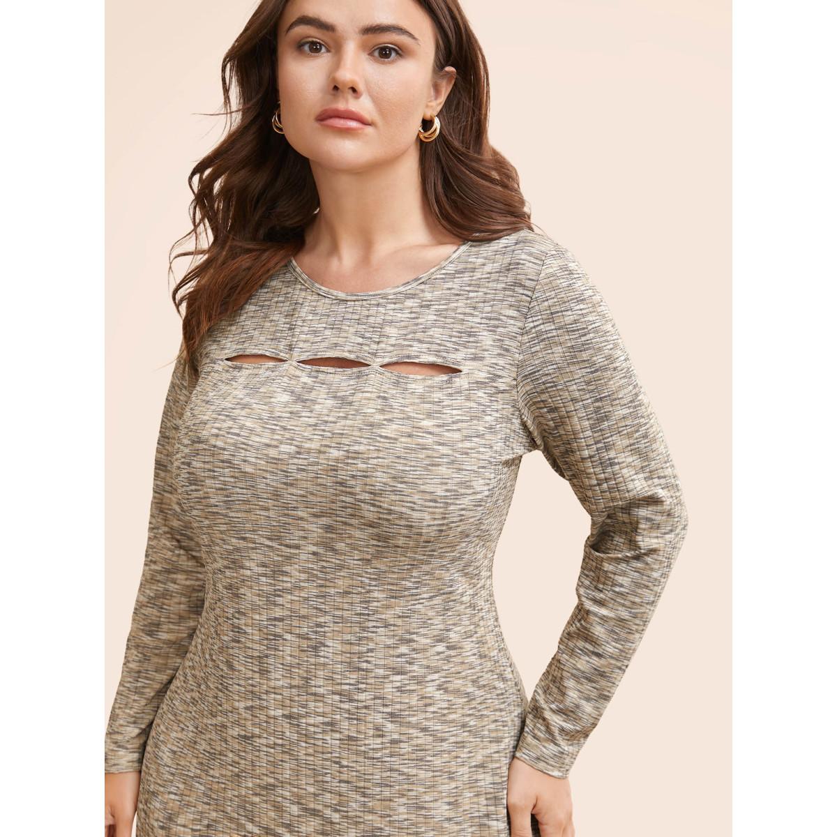 Plus Size Heather Pit Strip Cut Out Dress LightBrown Women Elegant Distressed Round Neck Extra Long Sleeve Curvy BloomChic 18-20/2X Product Image