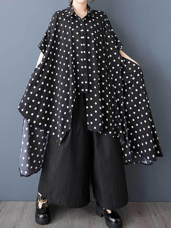 A-Line High-Low Asymmetric Buttoned Polka-Dot Lapel Midi Dresses Shirt Dress Product Image