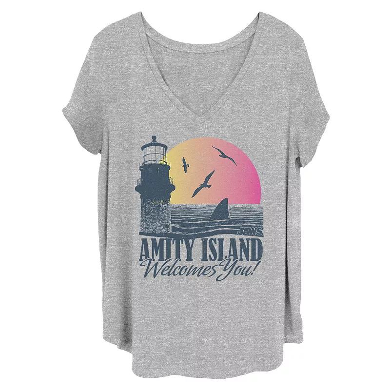 Juniors' Plus Size Jaws Amity Island Welcomes You Shark Fin Sunset Tee, Girl's, Size: 1XL, Grey Gray Product Image