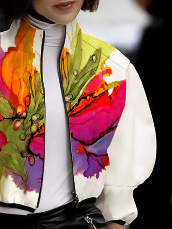 Loose Puff Sleeves Asymmetric Floral Printed Split-Joint High Neck Outerwear Product Image