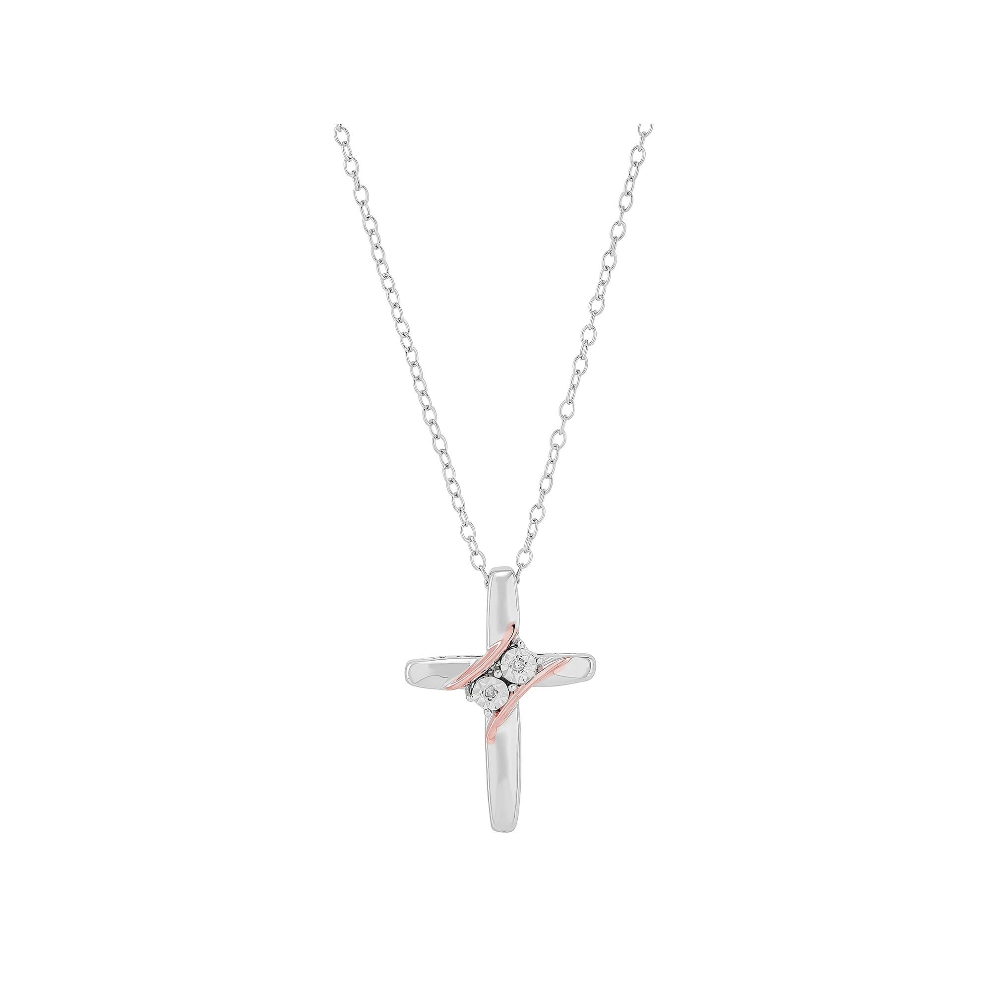 Two-Tone Sterling Silver Diamond Accent Cross Pendant Necklace, Womens Pink Tone Product Image