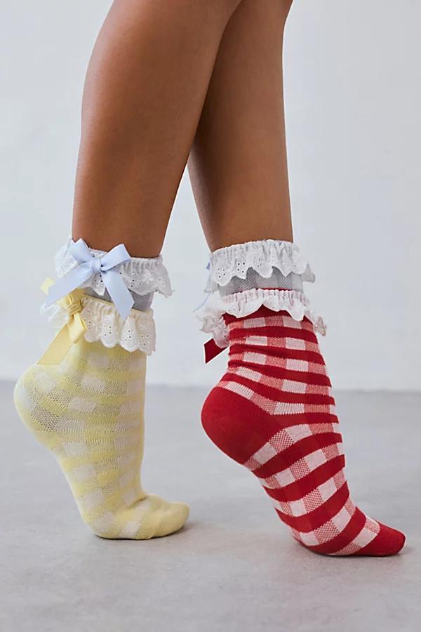 Eyelet-Trim Gingham Print Crew Sock Womens at Urban Outfitters Product Image