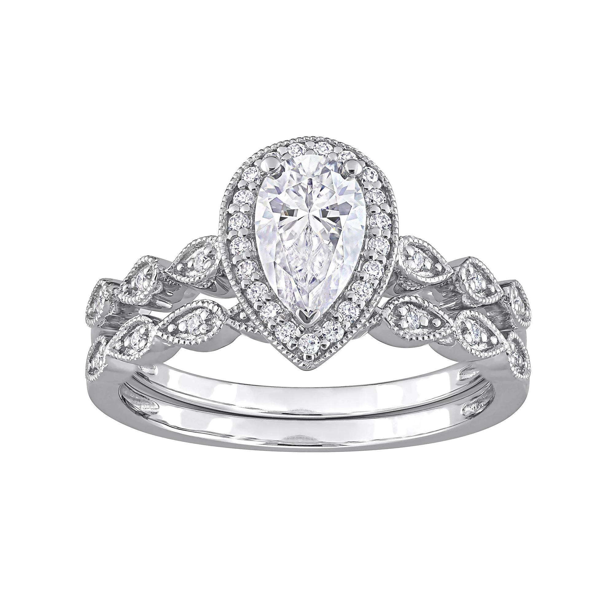 Stella Grace Sterling Silver 1 1/6 Carat T.W. Lab-Created Moissanite Teardrop Halo Engagement Ring Set, Women's, Size: 9 Product Image