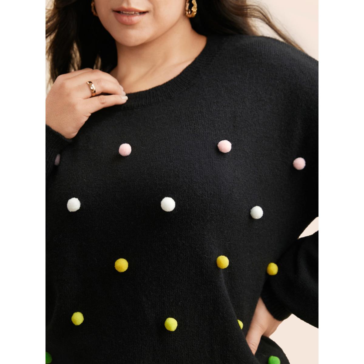 Plus Size Colored Fluffy Ball Drop Shoulder Pullover Black Women Casual Loose Long Sleeve Round Neck Everyday Pullovers BloomChic 14-16/1X Product Image